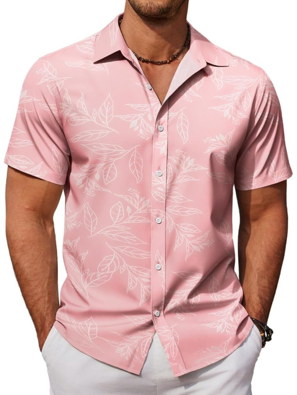 Men's Pink Short Sleeve Button Down Casual Imported Hawaiian Aloha Shirts